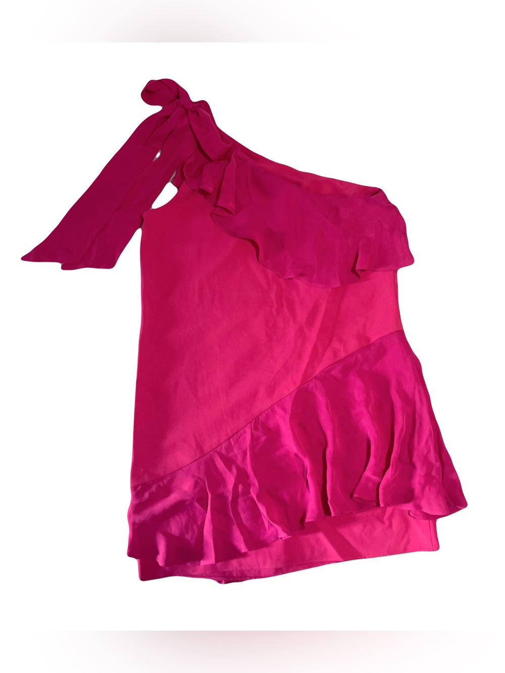 Parker Eden Silk Tiered One-Shoulder Ruffle Mini Dress Hot Pink Fuchsia Size S - Picture 4 of 9